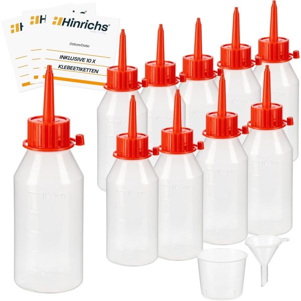 Hinrichs 10 x100 ml Tropfflasche mit Trichter Messbecher 10 Etiketten Rot