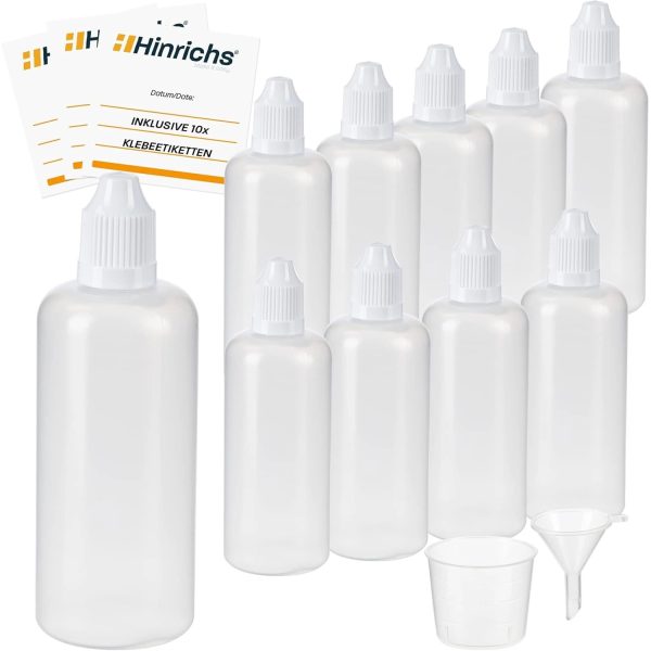 Hinrichs 10 x100 ml Tropfflasche mit Trichter Messbecher 10 Etiketten Weiß