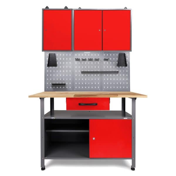 Ondis24 Werkbank Set Klaus 120 cm 2 Schränke LED Rot Werkstatt