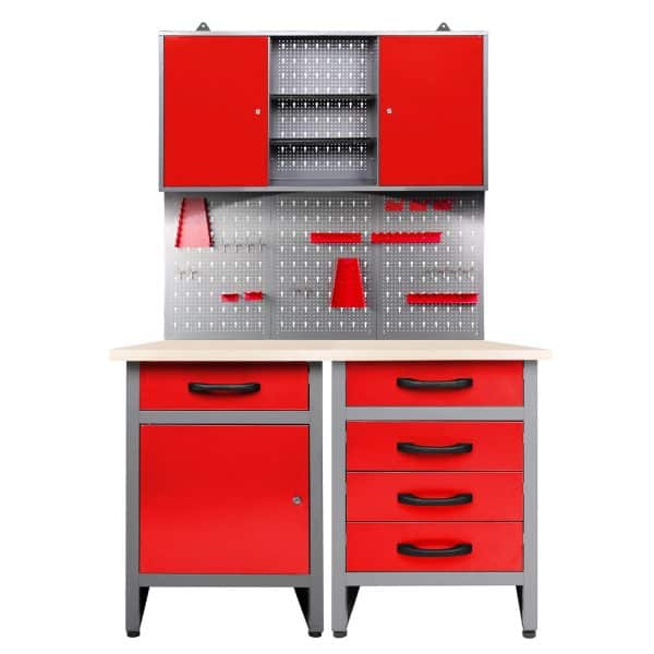 Ondis24 Werkstatt Set Entdecker 120 cm 1 Schrank LED Rot Werkstatteinrichtung Werkbank
