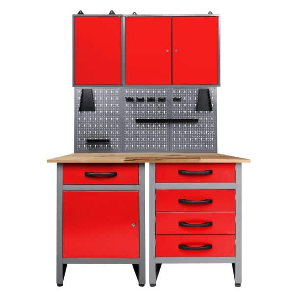 Ondis24 Werkstatt Set Entdecker 120 cm 2 Schränke LED Rot Werkstatteinrichtung Werkbank