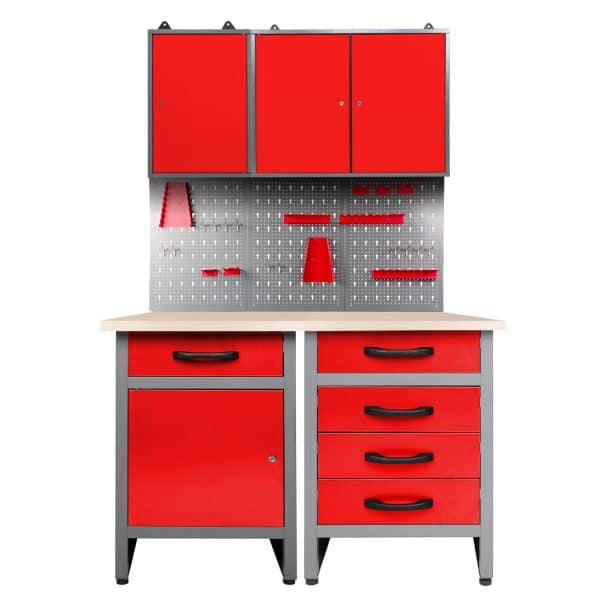 Ondis24 Werkstatt Set Entdecker 120 cm 2 Schränke Rot Werkstatteinrichtung Werkbank