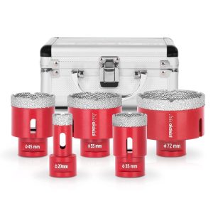 PROREGAL Diamant Bohrkronenaufsatz-Set Premium Crystal 20 - 35 - 45 - 55 - 72 mm für Fliesen Glas Feinsteinzeug Winkelschleifer Flex M14