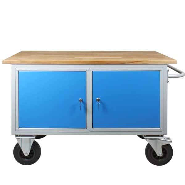 PROREGAL Mobile Werkbank Rhino mit 2 Türen HxBxT 83 x 130 x 60 cm Traglast 500 kg Lichtgrau Lichtblau