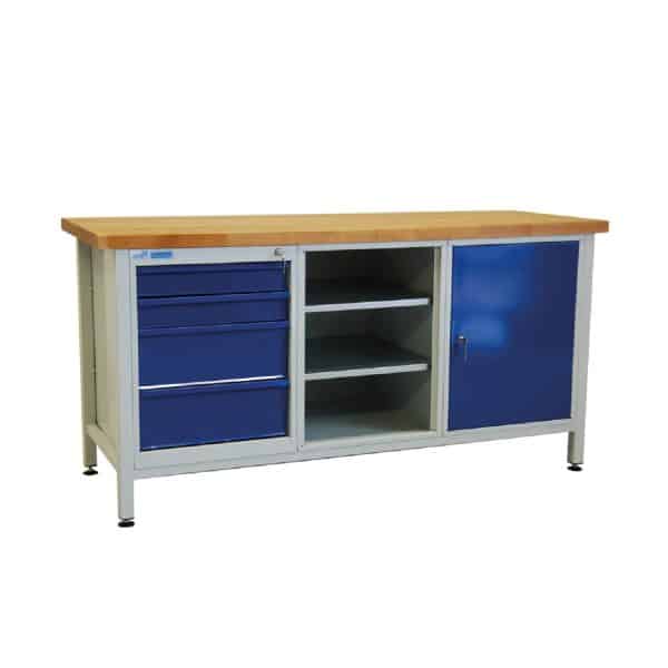 PROREGAL Werkbank Giant Rhino mit 4 Schubladen Regalfach 1 Tür HxBxT 84 x 170 x 60 cm Traglast 500 kg Lichtgrau Lichtblau