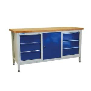 PROREGAL Werkbank Giant Rhino mit 6 Schubladen 1 Tür HxBxT 84 x 170 x 60 cm Traglast 500 kg Lichtgrau Lichtblau