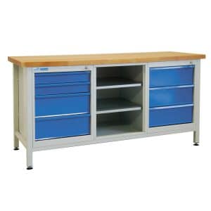 PROREGAL Werkbank Giant Rhino mit 7 Schubladen Regalfach HxBxT 84 x 170 x 60 cm Traglast 500 kg Lichtgrau Lichtblau