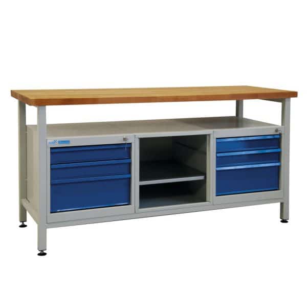 PROREGAL Werkbank Giant Rhino mit Ablagefach 6 Schubladen Regalfach HxBxT 84 x 170 x 60 cm Traglast 500 kg Lichtgrau Lichtblau