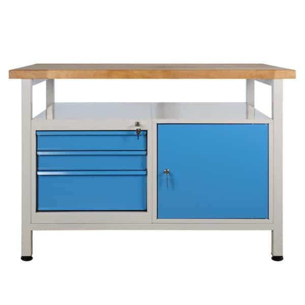PROREGAL Werkbank Rhino mit Ablagefläche 3 Schubladen 1 Tür HxBxT 84 x 120 x 60 cm Traglast 300 kg Lichtgrau Lichtblau