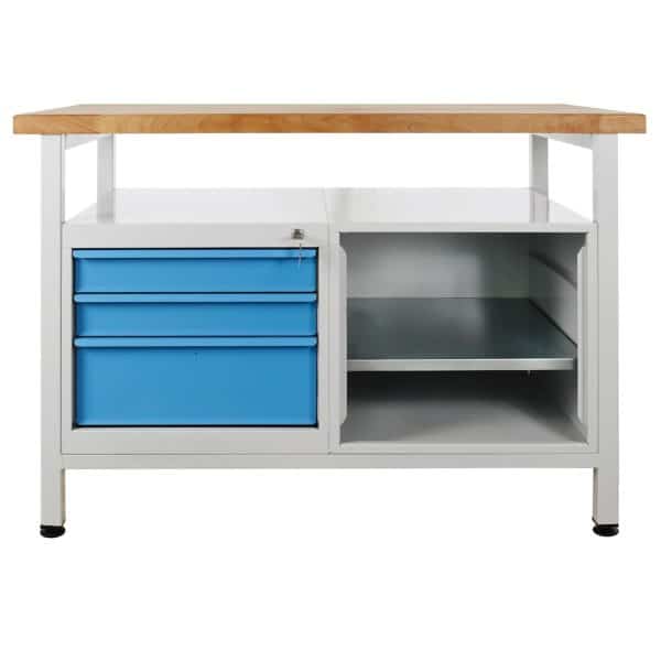 PROREGAL Werkbank Rhino mit Ablagefläche 3 Schubladen Regalteil HxBxT 84 x 120 x 60 cm Traglast 300 kg Lichtgrau Lichtblau
