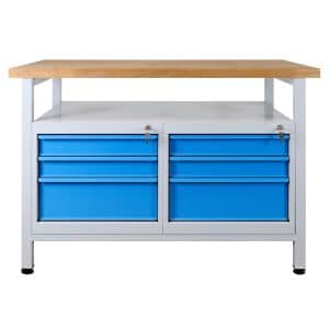 PROREGAL Werkbank Rhino mit Ablagefläche 6 Schubladen HxBxT 84 x 120 x 60 cm Traglast 300 kg Lichtgrau Lichtblau