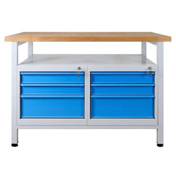 PROREGAL Werkbank Rhino mit Ablagefläche 6 Schubladen HxBxT 84 x 120 x 60 cm Traglast 300 kg Lichtgrau Lichtblau