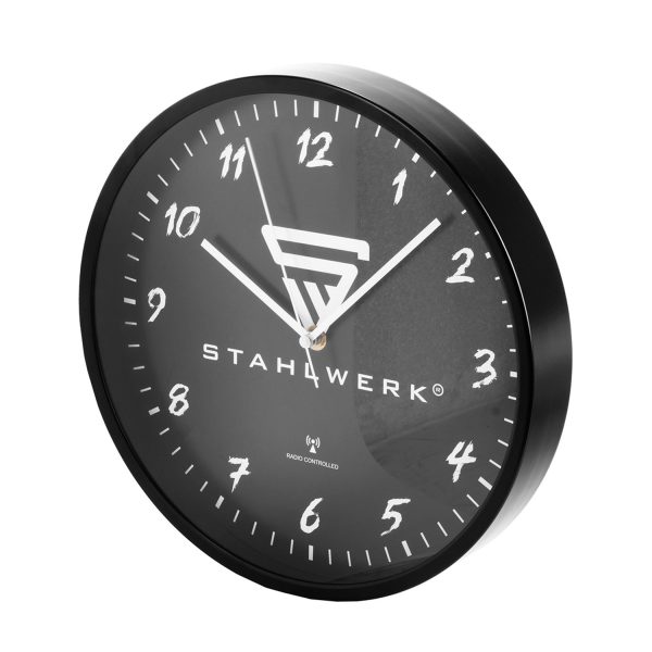 STAHLWERK Wanduhr 30 Cm Schwarze Werkstattuhr Mit Aluminium-Gehäuse Rcc-Uhrwerk